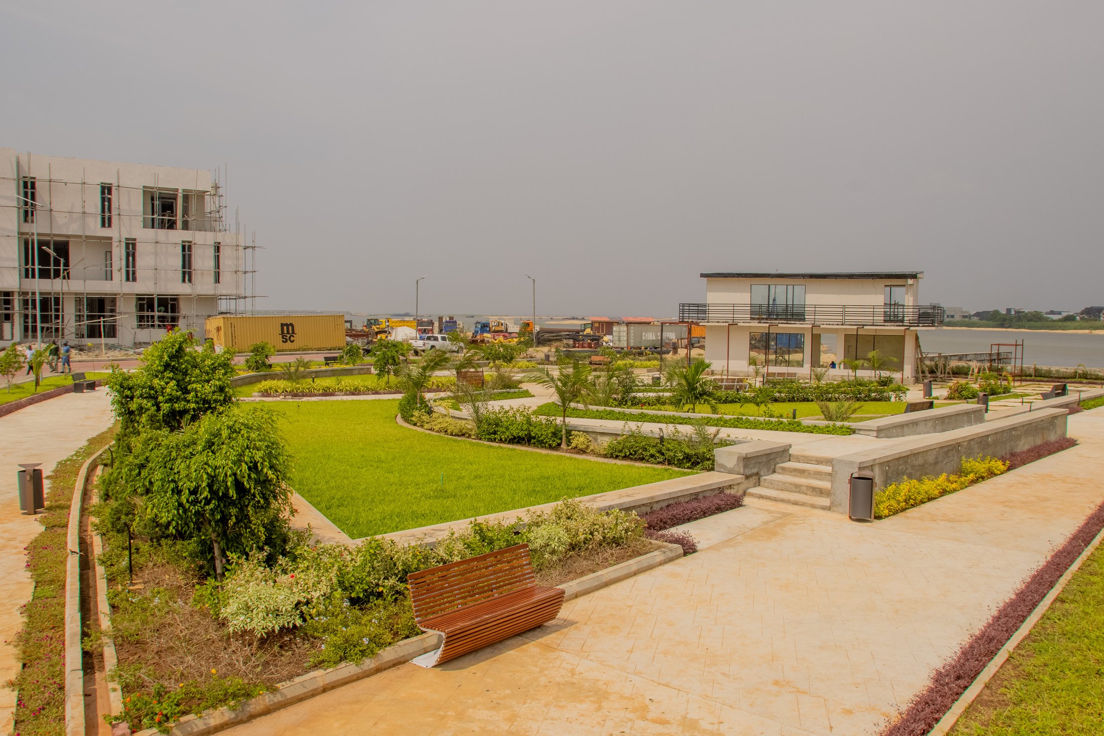 Terraced lawns and walkways in a residential estate